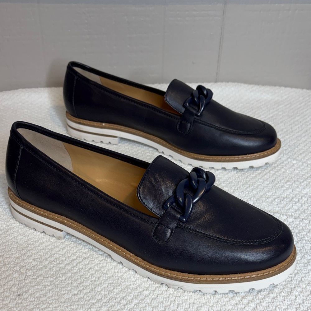 Talbots 9.5M Laura Chunky Chain Soft Napa Loafer Navy Blue Leather Slip On Shoe